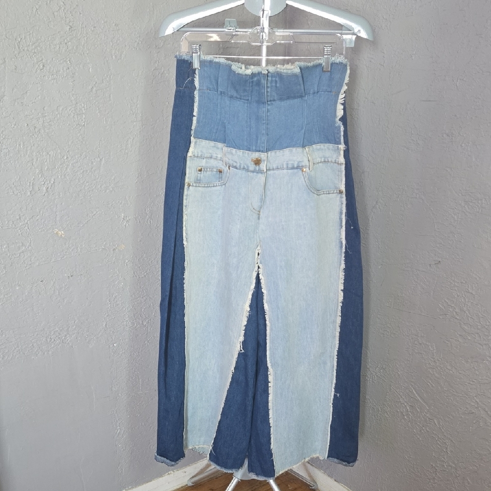 Handmade Blue Flare Wide Leg Jeans with Unique Two-Tone Design Grunge Emo Skater